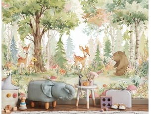 Papier peint panoramique intissé forêt animaux vert - 300x210 cm - papier peint enfant