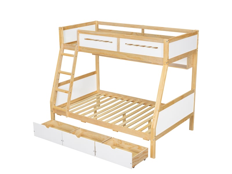  Lit superposé enfant 90x200 et 120x200 cm - tiroirs, barrières de sécurité, bois blanc et naturel  - Conforama A