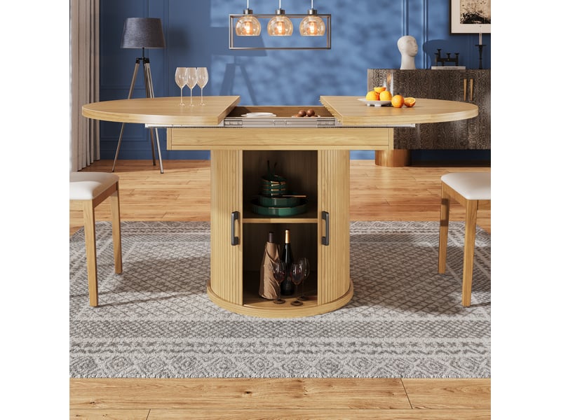  Table de salle à manger extensible ronde en mdf finition bois clair, 118 à 158 cm, jusqu'à 6 personnes, avec rangement  - Conforama B
