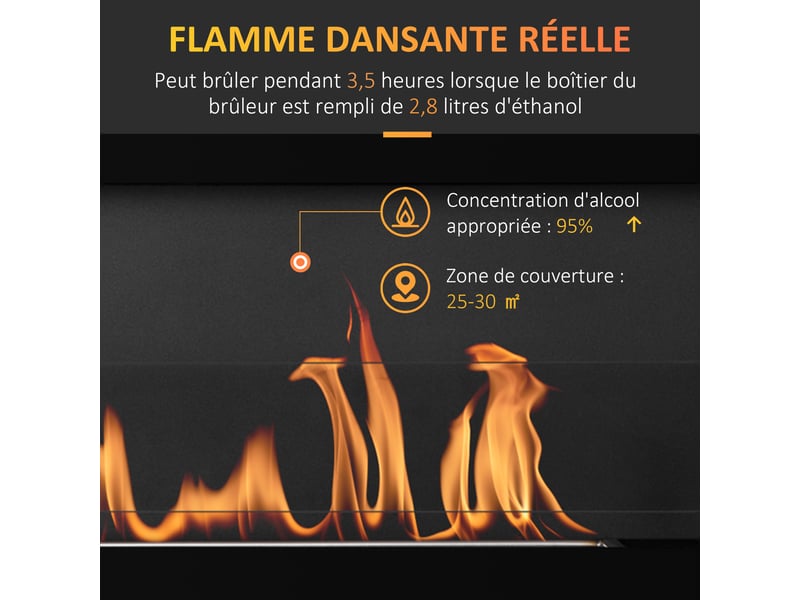  Cheminée bioéthanol murale encastrable brûleur 2,8 l, environ 3,5 h de durée de combustion dim. 102l x 16l x 43h cm couverture 25-30 m² métal  - Conforama D