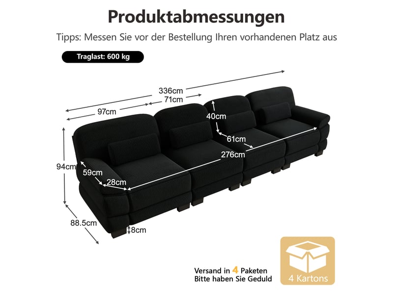Canapé modulable 4 places en velours côtelé noir, configuration flexible en l ou en u, coussins lombaires et assises confortables - Conforama B