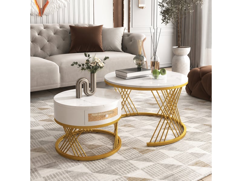  Ensemble de 2 tables basses rondes avec tiroir, blanc et doré, ø 70 et 50 cm  - Conforama B