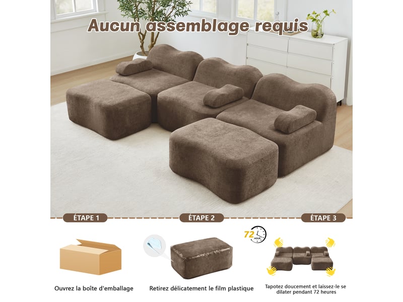  Canapé modulable 3 places velours marron 288x167x70 cm avec 2 poufs, assise profonde en mousse 32d, salon W3325S00429 - Conforama W