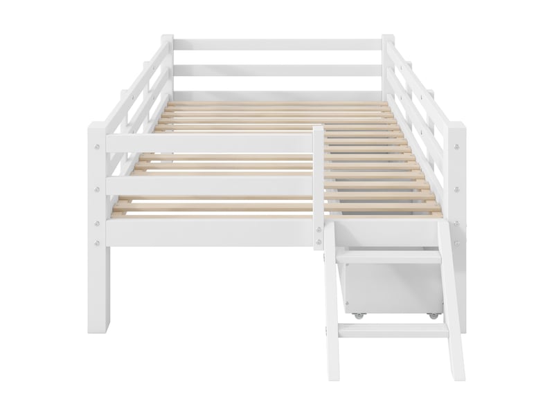  Lit enfant 90x200 cm avec barrières et 2 tiroirs, mdf et pin, blanc, sans matelas  - Conforama D