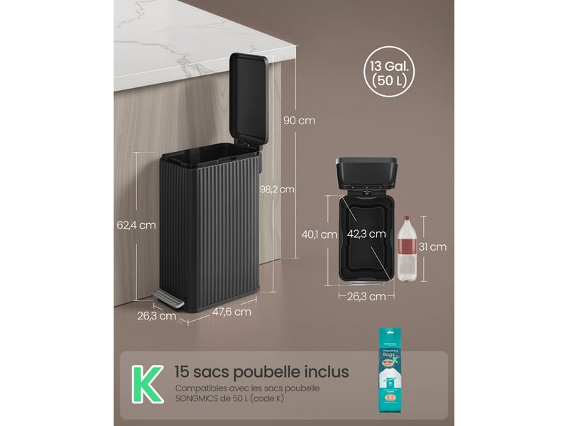  Poubelle de cuisine avec pédale 47,6 x 26,3 x 62,4 cm seau intérieur amovible design moderne gain de place en acier noir d'encre 12_0013196  - Conforama B