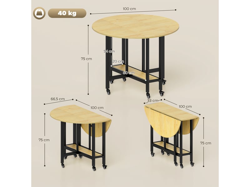 Table à manger pliante sur roulettes, table de cuisine pour 4 personnes avec étagère intégrée, 100 x 100 x 75 cm, chêne - Conforama E