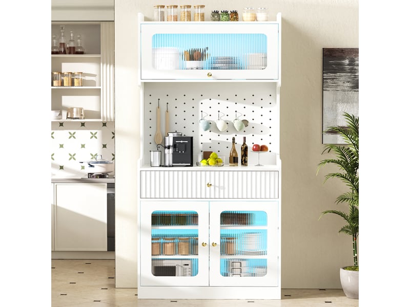  Buffet haut cuisine blanc 180 cm, armoire de cuisine avec led, portes en verre nervuré et tiroirs  - Conforama C