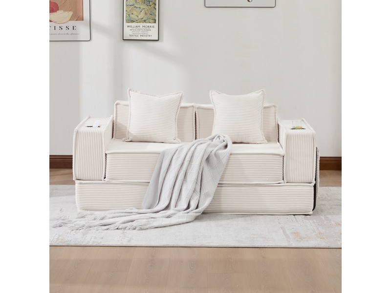 Canapé-lit modulaire ulevr 2 places avec poches latérales, velours côtelé beige, 162 x 78 x 66 cm, 2 coussins et porte-gobelets - Conforama E