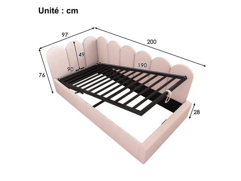  Lit coffre simple 90x200 cm avec ouverture hydraulique et sommier métallique - velours rose - sans matelas  - Conforama C
