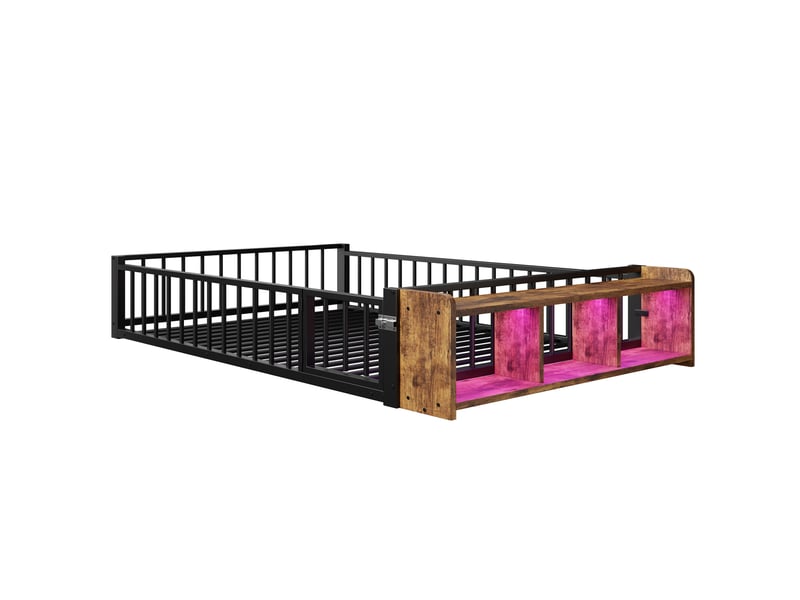  Lit 140x200 cm métal noir avec barrière de sécurité, led, rangements, sommier à lattes  - Conforama A