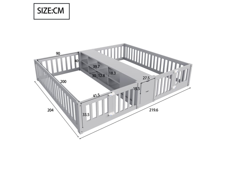  Lit enfant double 90x200 cm avec rangement, garde-corps hauts, bois, gris sans matelas  - Conforama D