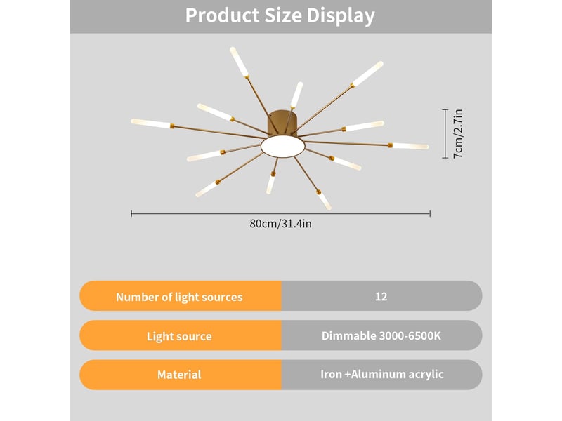  Plafonnier led moderne acrylique intérieur design or 12+1 tête  - Conforama B
