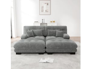Canapé d'angle modulable 2 places en chenille gris avec 2 poufs