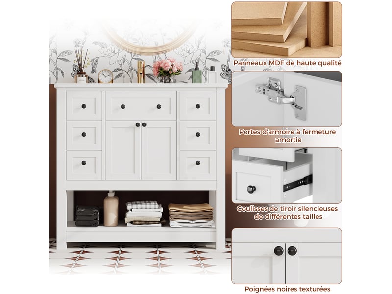  Meuble sous lavabo sur pied 91,5x46,5x90 cm avec vasque en céramique blanc  - Conforama E