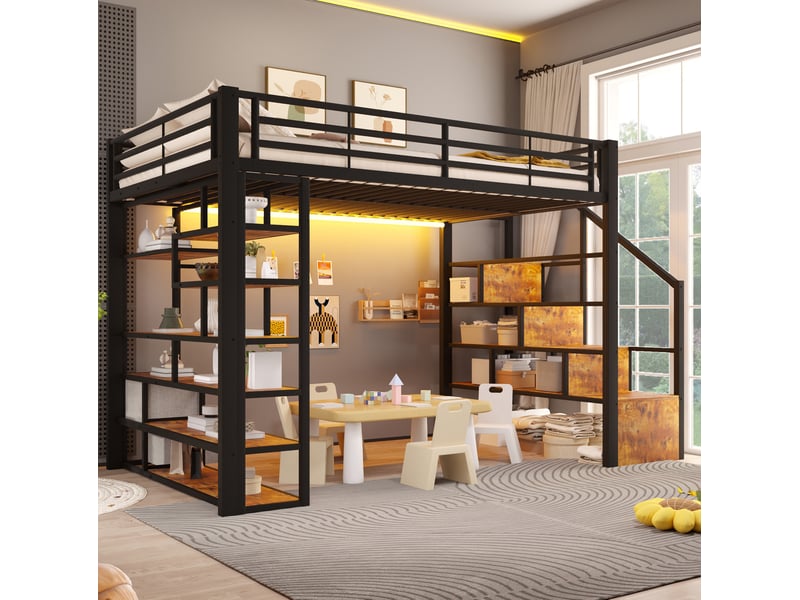  Lit mezzanine 140 × 200 cm avec escalier à rangements, 2 tiroirs en tissu, garde-corps et éclairage led pour chambre  - Conforama B