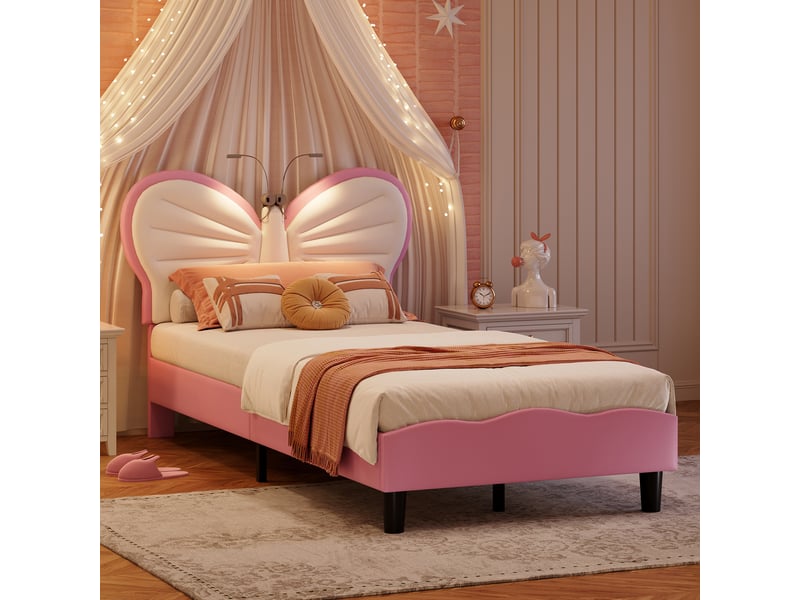  Lit simple 90x200, 2 lampe de lecture, lit enfant rembourré avec tête de lit papillon réglable, style moderne scandinavo, rose  - Conforama C