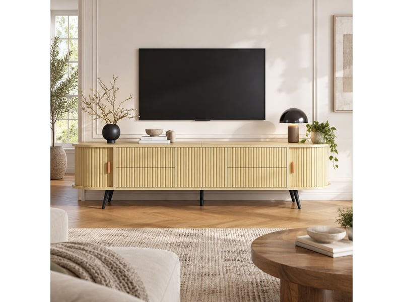  Meuble tv ovale avec 4 tiroirs et porte à rideau, rangement pour salon en mdf, 180×40×45 cm, bois naturel  - Conforama B