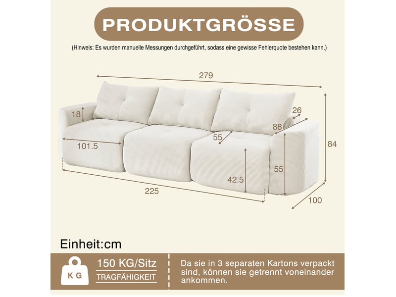  Canapé 3 places modulable 279x100x84 cm en velours côtelé beige  - Conforama C