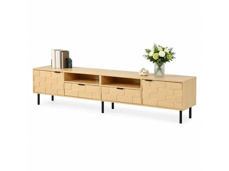 Meuble tv avec 2 portes, 2 tiroirs et 2 niches ouvertes pour salon, décor bois naturel, 200 × 35 × 44,5 cm - Conforama A
