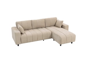 Canapé d'angle modulable 242 cm, canapé 4 places en l avec méridienne réversible, 2 oreillers, tissu aspect lin, beige