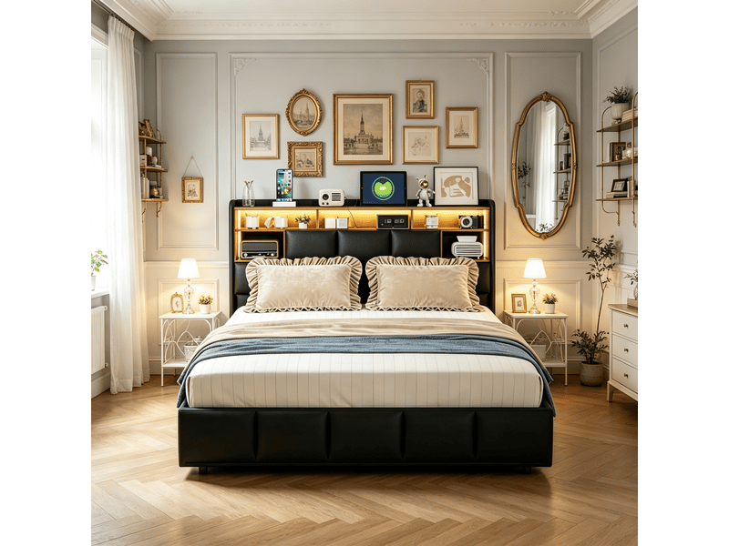  Lit double 140x190 cm design moderne en pu noir - tête de lit multifonction avec rangement, ports usb, led 20 couleurs, sommier à lattes, coffre hydraulique  - Conforama C