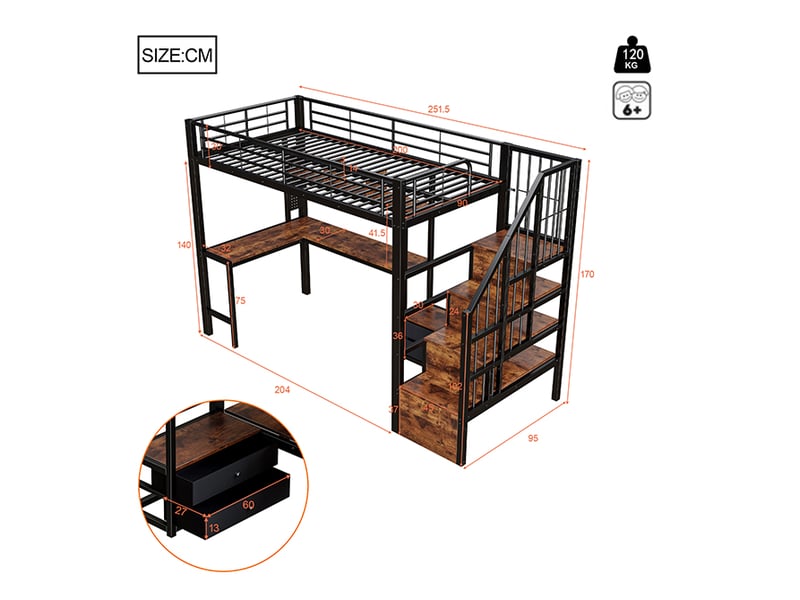  Lit mezzanine 90x200 cm métal noir avec led, bureau, tiroirs et rangements  - Conforama C