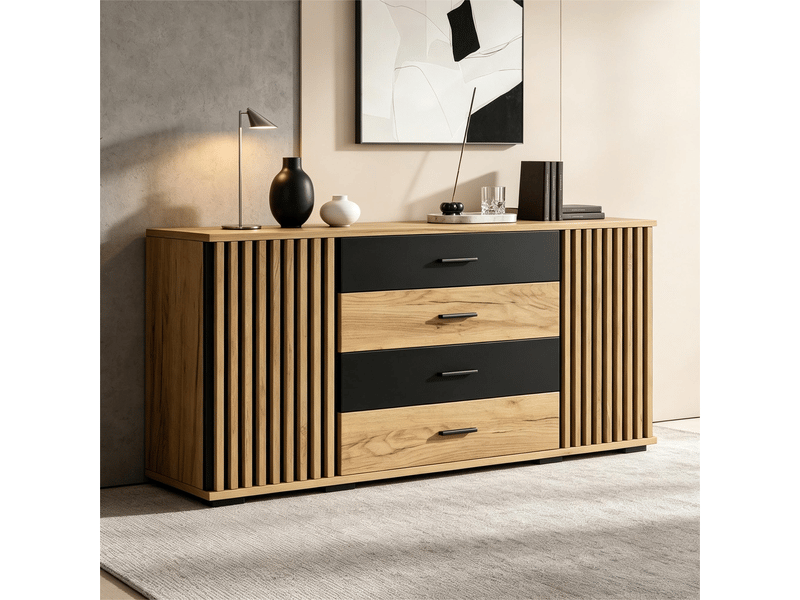 Buffet 140x35x70 cm avec 4 tiroirs et 2 portes, meuble de rangement en mdf, façade rainurée verticale, étagères réglables, effet chêne et noir - Conforama E