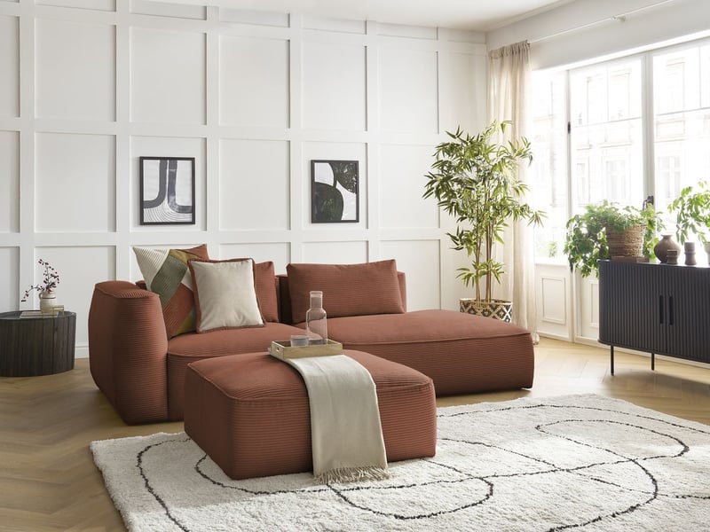  Bobochic canapé droit fixe 3 places leopold velours côtelé avec pouf orange  accoudoir gauche LEOPOLD - Conforama B
