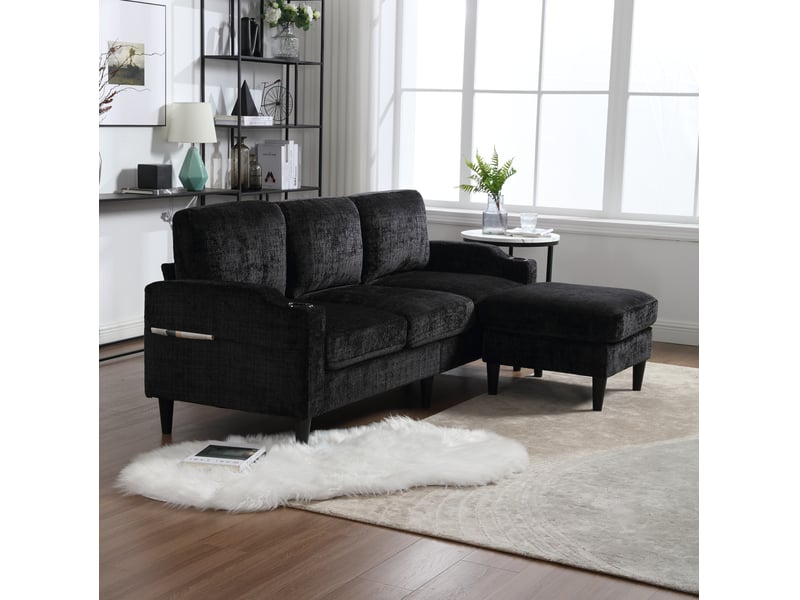  Canapé 4 places 196.5x75x77 cm, avec pouf et rangement, structure en métal et bois, noir  - Conforama D