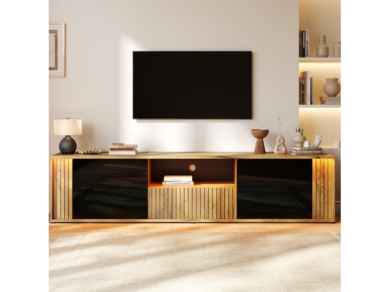  Meuble tv tcqpz 180 x 40 x 51 cm led bluetooth 2 portes 1 tiroir noir et bois naturel  - Conforama B