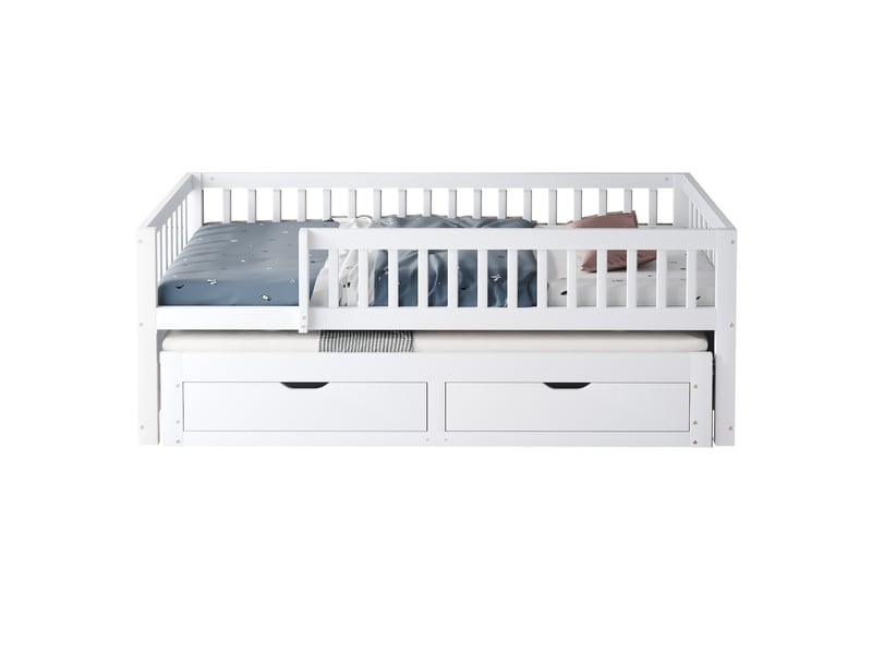  Lit banquette enfant 2 places 90x200 cm avec lit gigogne sur roulettes, 2 tiroirs, garde-corps intégral, sommier à lattes, pin massif blanc  - Conforama E