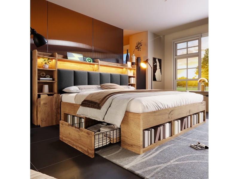  Lit double 180 x 200 cm chêne avec rangements, led et ports usb  - Conforama C