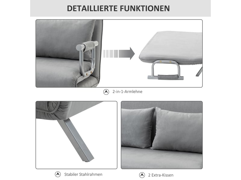  Canapé convertible 2 places avec dossier réglable 5 positions et coussins  - métal polyester gris clair  - Conforama E