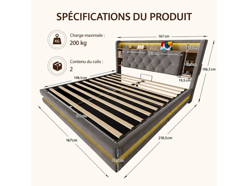 Lit coffre 160 x 200 cm en velours avec tête de lit à rangements, led, usb et type-c, sommier relevable, gris foncé - Conforama C