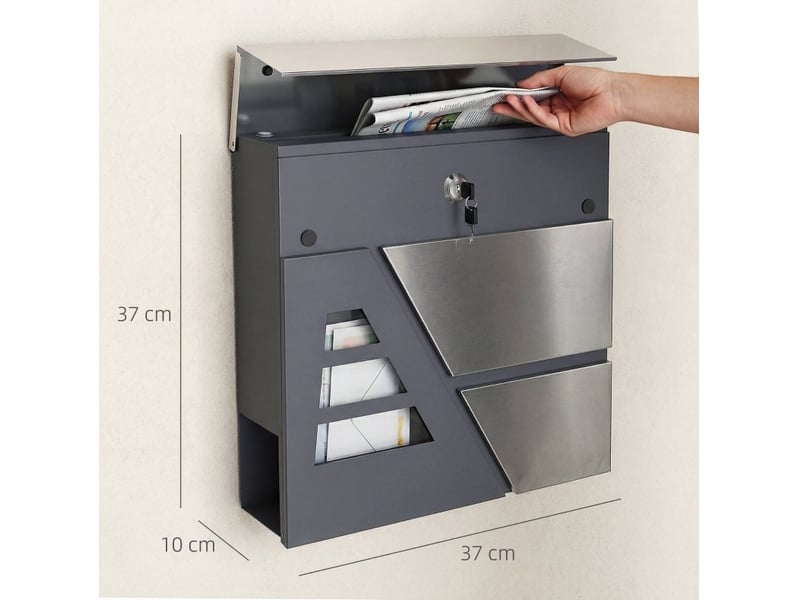 Boîte aux lettres murale 37x10x37 cm avec porte-journaux métal gris foncé - Conforama E