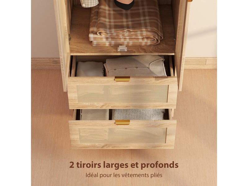  Armoire chambre penderie avec 2 portes en rotin, 2 tiroirs et barre de suspension, 63 x 47 x 185 cm, bois naturel  - Conforama E