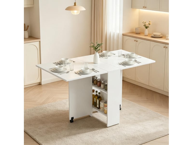  Table de salle à manger pliante à roulettes 75 x 140 cm, blanche, avec étagères  - Conforama B