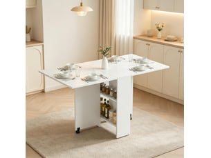 Table de salle à manger pliante à roulettes 75 x 140 cm, blanche, avec étagères