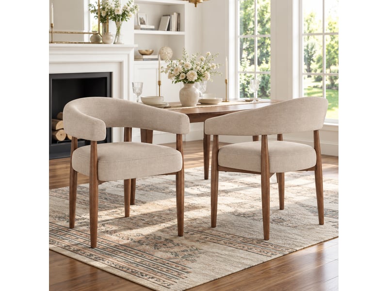  Lot de 2 chaises de salle à manger 60x59x75 cm, accoudoirs, dossier courbé, métal aspect noyer, chenille taupe  - Conforama B