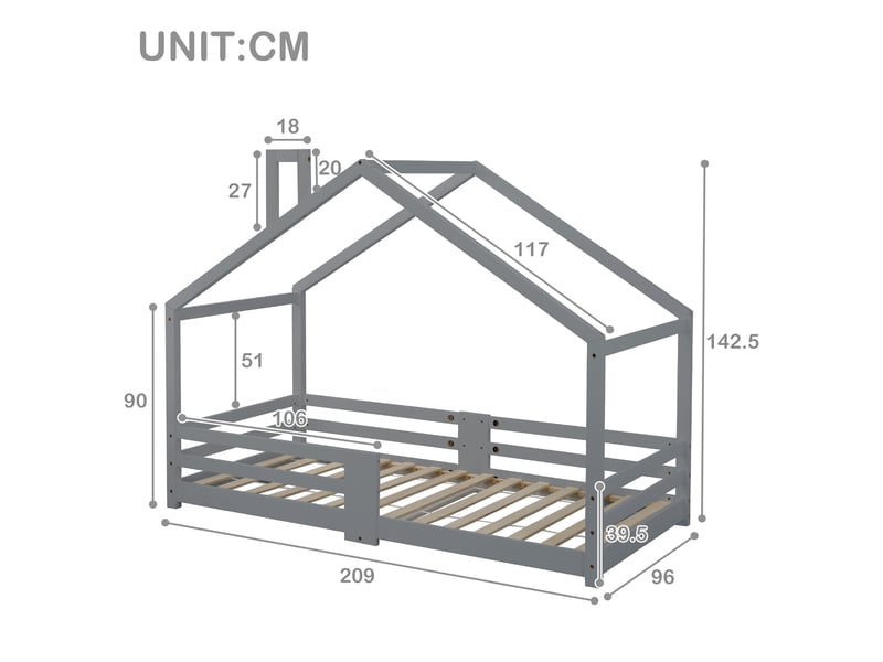  Modenvie lit cabane enfant 90x200 cm - sommier a lattes et barriere de securite, sans matelas - gris  - Conforama C