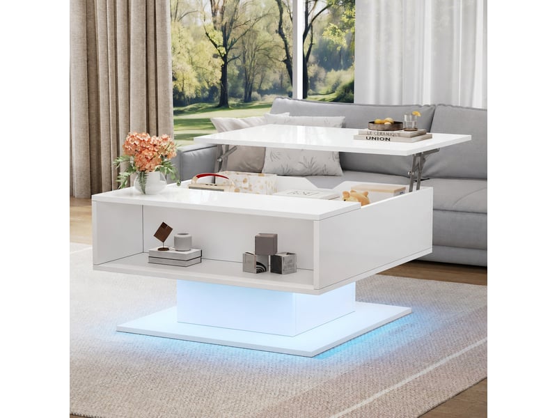  Table basse relevable led avec rangement, plateau 40 à 54 cm, 80 x 75 cm, blanc brillant  - Conforama B