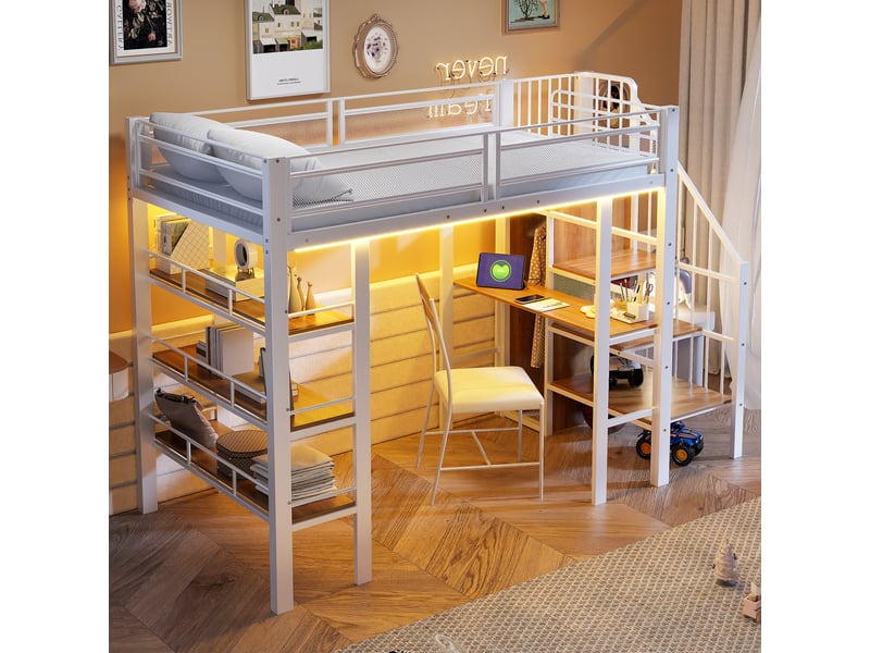  Lit mezzanine 90x200 cm avec bureau et rangements en métal blanc  - Conforama B