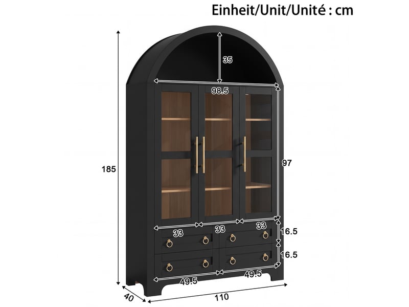  Buffet haut 110 x 40 x 185 cm noir, mdf et panneaux de particules, 3 portes vitrées, 4 tiroirs, niche ouverte  - Conforama C