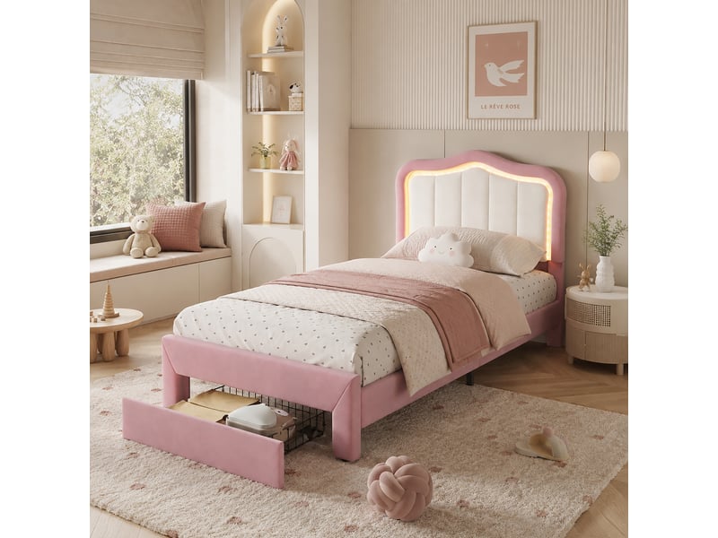  Lit enfant 90 × 200 cm avec tiroir au pied, tête de lit rembourrée, éclairage led par application, rose pour chambre  - Conforama D