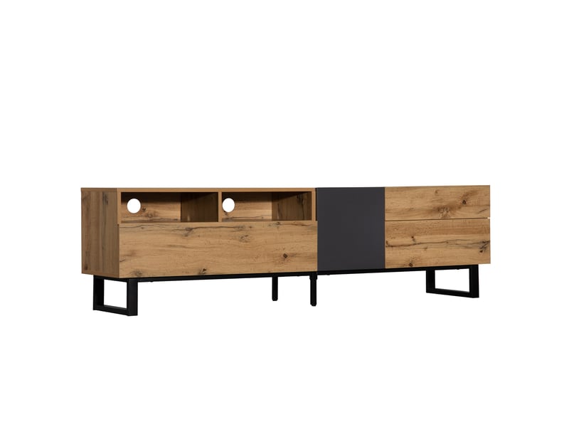Meuble tv 180 cm moderne design chêne et anthracite avec rangements multiples et pieds en métal noir - Conforama A