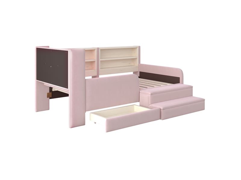  Lit enfant 90x200 cm tête de lit ours, led, usb, tiroir et pouf amovible en velours rose Fay Lum - Conforama W