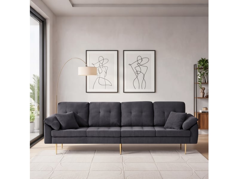 Canapé modulaire 4 places avec pouf libre, configuration d'angle et assise rembourrée en velours côtelé gris foncé - Conforama E