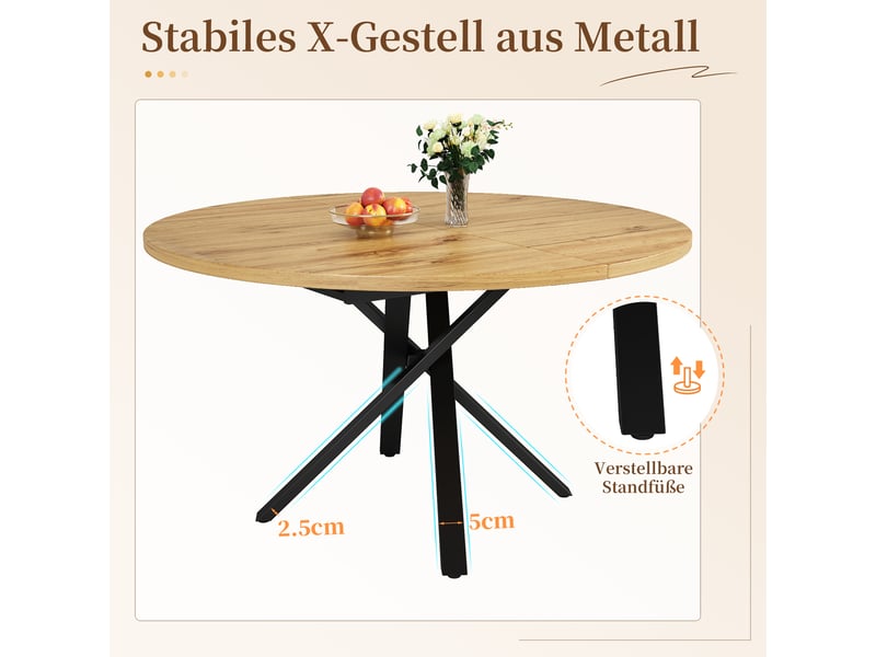  Table à manger extensible effet bois 100-140cm, ronde à ovale, piètement métal en x stable et pieds réglables  - Conforama E