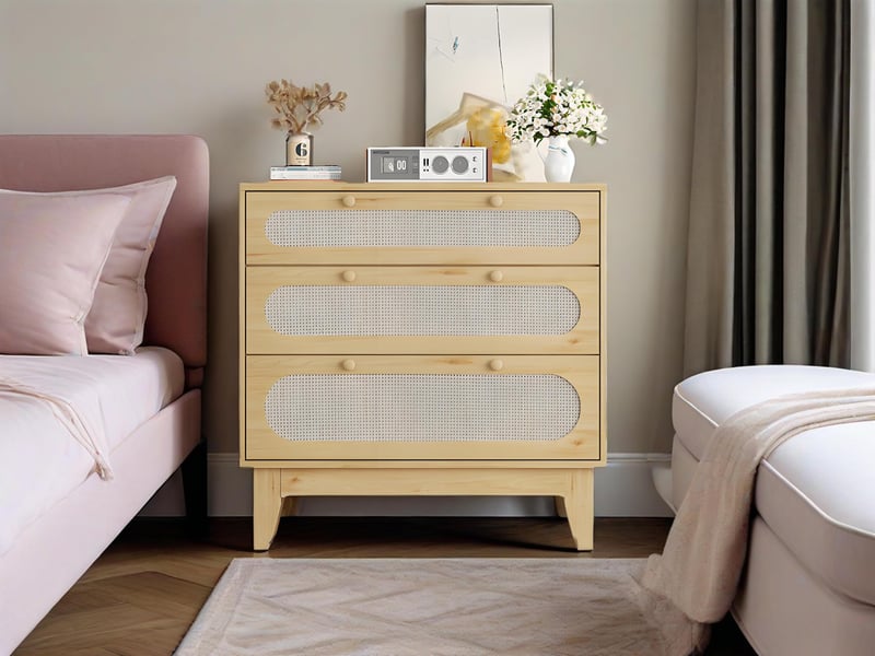 Commode en rotin à 3 tiroirs - meuble de rangement bois foncé avec kit anti-basculement - coffre d'appoint pour chambre, naturel PHO_33T8E7JJ - Conforama B