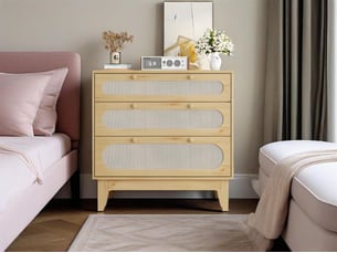 Commode en rotin à 3 tiroirs - meuble de rangement bois foncé avec kit anti-basculement - coffre d'appoint pour chambre, naturel